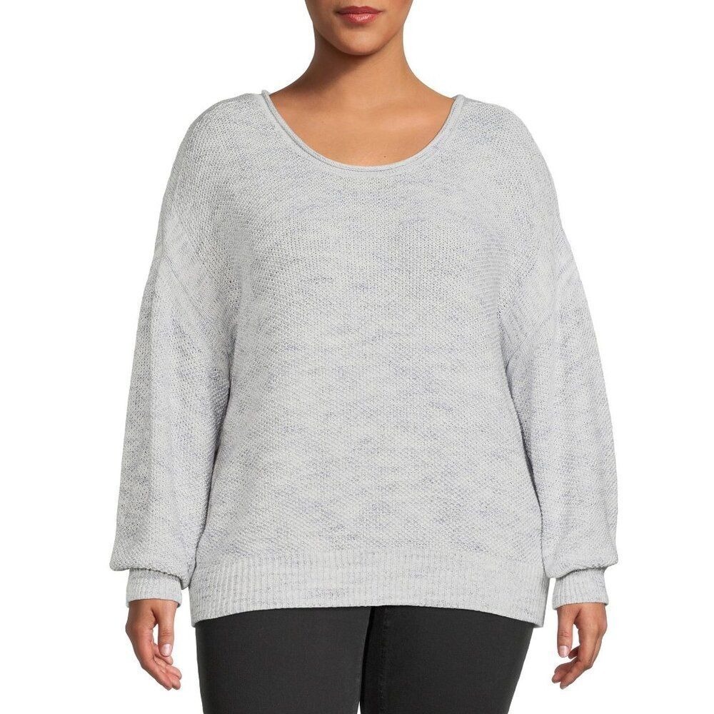 Terra & Sky Grey Marl Knit Pullover Sweater 0X 14W Scoop Neck Balloon Sleeve